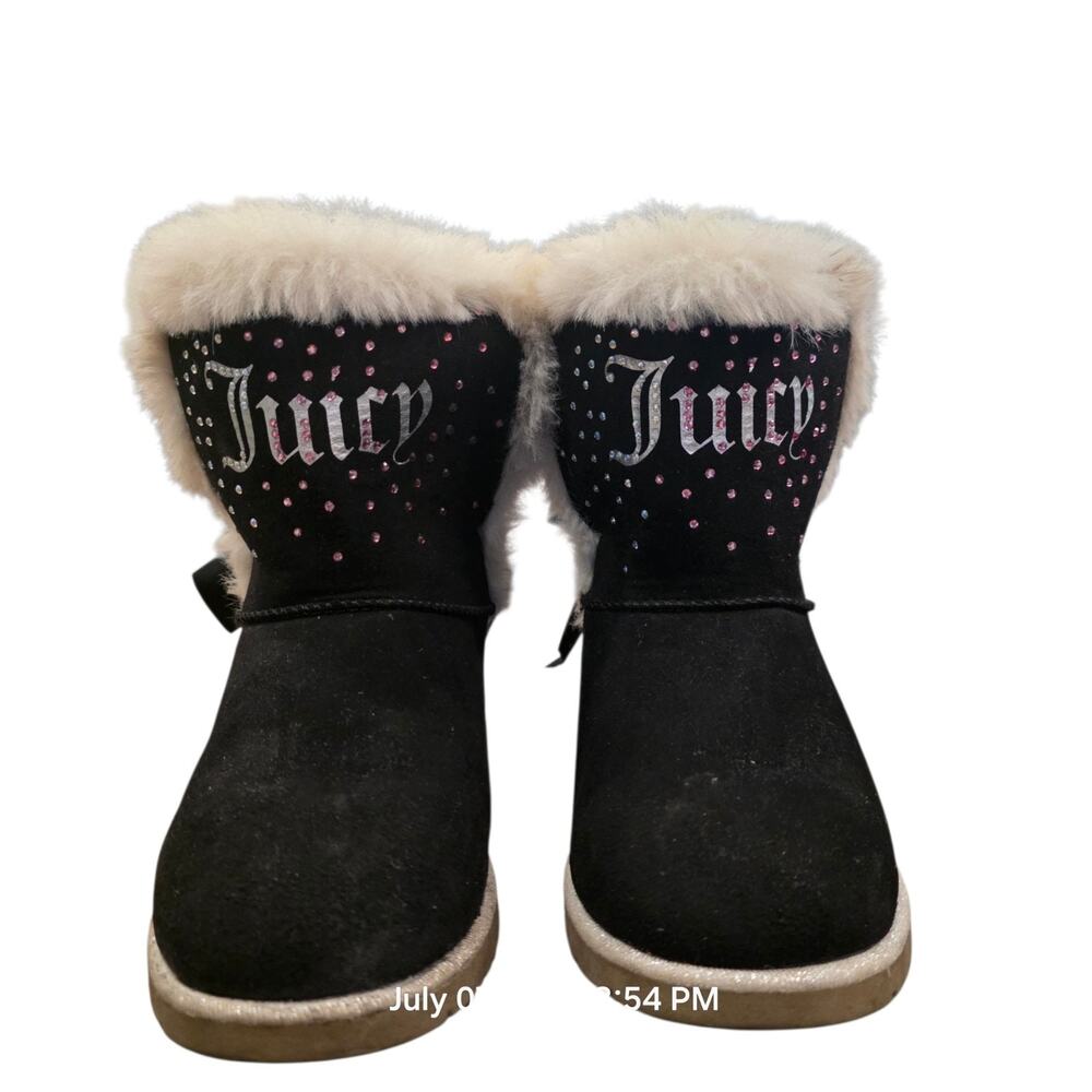 Juicy Couture Girls Sz 3 Faux Fur Winter Boots Black Pink Rhinestone Glitter
